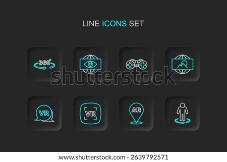 Set line 3d modeling, Augmented reality AR, Virtual, Wide angle picture, Gamepad, Big brother electronic eye and 360 degree view icon. Vector