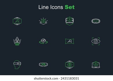 Set line 3d modeling, Big brother electronic eye, Virtual reality glasses, Wide angle picture, 360 degree view and Augmented AR icon. Vector