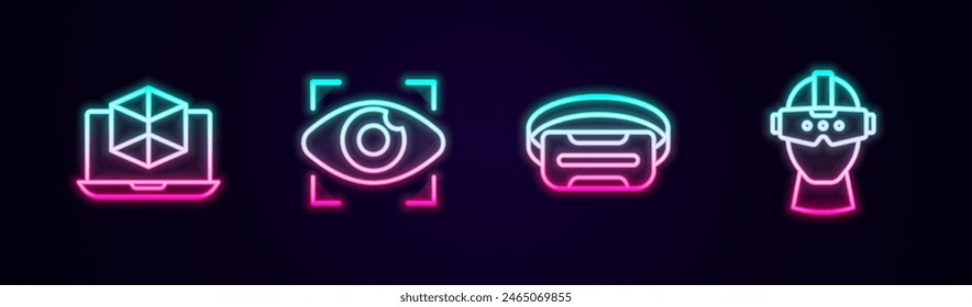 Set line 3d modeling, Big brother electronic eye, Virtual reality glasses and . Glowing neon icon. Vector