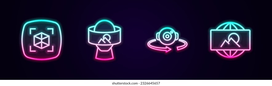 Set line 3d modeling, Virtual reality glasses, 360 degree view and Wide angle picture. Glowing neon icon. Vector