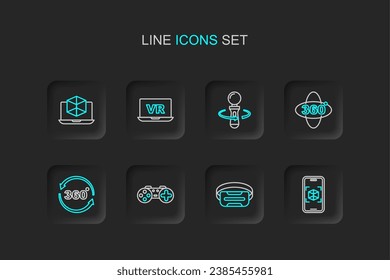 Set line 3d modeling, Virtual reality glasses, Gamepad, 360 degree view, VR controller game,  and  icon. Vector