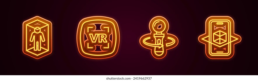 Set line 3d modeling, Virtual reality, VR controller game and . Glowing neon icon. Vector