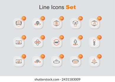 Set line 3d modeling, Virtual reality glasses, 360 degree view, Augmented AR, VR controller game,  and  icon. Vector