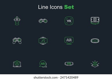 Set line 3d modeling, Virtual reality glasses, Augmented AR, Wide angle picture and Gamepad icon. Vector