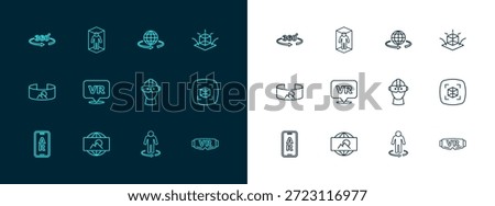 Set line 3d modeling, Wide angle picture, Virtual reality glasses, 360 degree view and  icon. Vector
