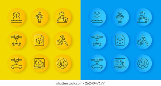 Set line 3D printer car, wrench spanner, Isometric cube file, setting, Graphic designer and scanner icon. Vector