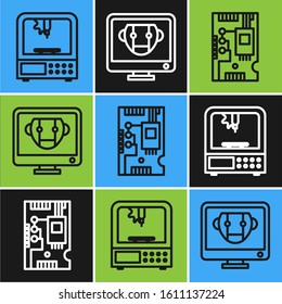 Set line 3D printer, Electronic computer components motherboard digital chip and Bot icon. Vector
