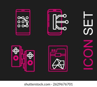 Set line 3D printer, Gamepad, Smartphone, mobile phone and Mobile and graphic password protection icon. Vector