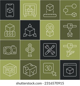 Set-line 3D Drucker, Gewehr, Haus, Isometrische Würfel, Dienstleistungen, Software und Symbol. Vektorgrafik