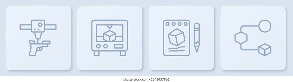 Set line 3D printer gun, Sketch on paper,  and Isometric cube. White square button. Vector