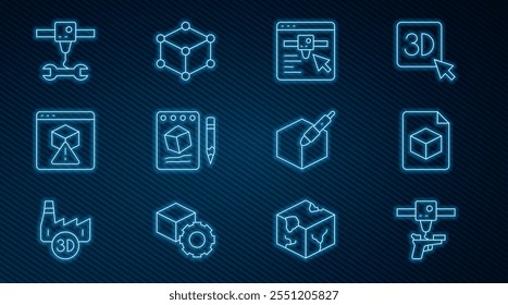 Establecer la línea 3D pistola de impresora, archivo de cubo isométrico, configuración, boceto en papel, llave inglesa, herramienta de pluma 3d e icono. Vector