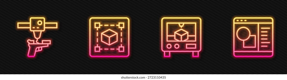 Set line impresora 3D, pistola, figura geométrica Cubo y software. Icono de neón brillante. Vector