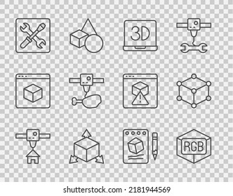 Set Line 3D Printer House, RGB And CMYK Color Mixing, Isometric Cube, Setting, Chicken Leg, Sketch On Paper And  Icon. Vector