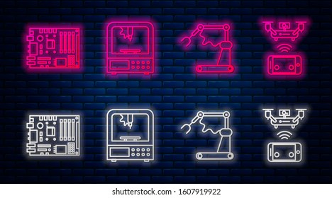 Set line 3D printer, Industrial machine robotic robot arm hand factory, Electronic computer components motherboard digital chip and Remote aerial drone. Glowing neon icon on brick wall. Vector