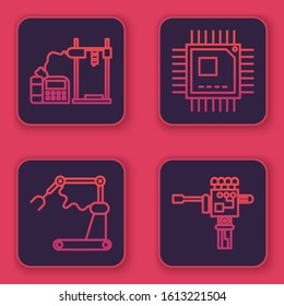 Set line 3D printer, Industrial machine robotic robot arm hand factory, Processor with microcircuits CPU and Mechanical robot hand and screwdriver. Blue square button. Vector