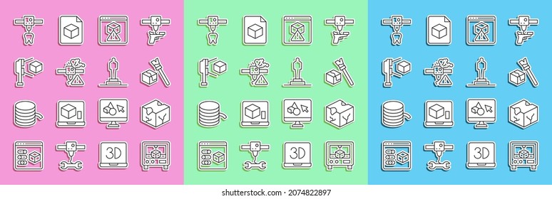 Set line 3D printer, Isometric cube, warning, scanner with, tooth and model icon. Vector