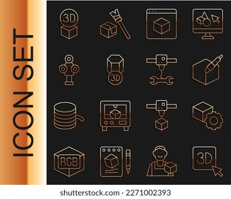 Set line 3D printer, Isometric cube, 3d pen tool, scanner,  and wrench spanner icon. Vector