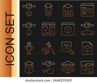 Set line 3D printer, Isometric cube file, car, services, software, tooth,  and  icon. Vector