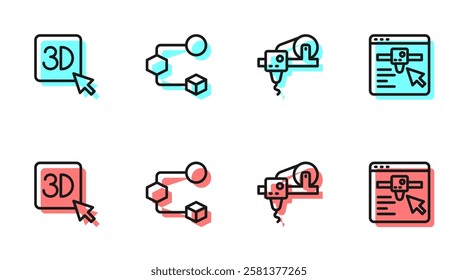 Set line 3D printer, , Isometric cube and setting icon. Vector