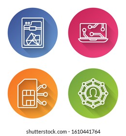 Set line 3D printer, Laptop, Sim card and Project team base. Color circle button. Vector
