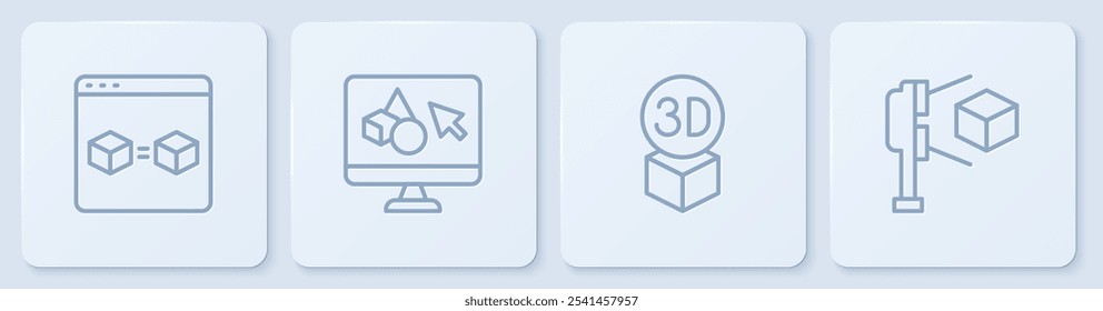 Set line 3D printer perfect copy, Isometric cube, software and scanner with. White square button. Vector