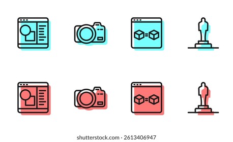 Set line 3D printer perfect copy, software, Photo camera and model icon. Vector