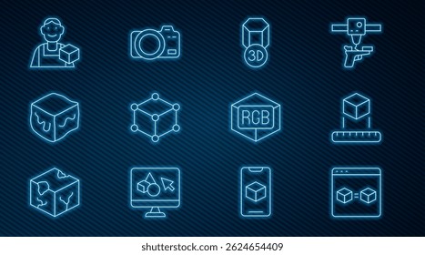 Set line 3D printer perfect copy, Isometric cube, Graphic designer, RGB and CMYK color mixing and Photo camera icon. Vector