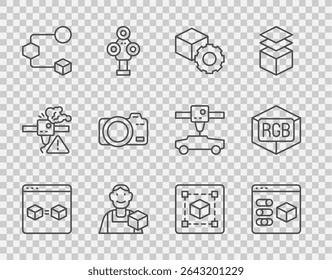 Set line 3D printer perfect copy, Isometric cube, Graphic designer, Photo camera, Geometric figure Cube and RGB and CMYK color mixing icon. Vector