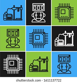 Set line 3D printer, Processor with microcircuits CPU and Robot icon. Vector