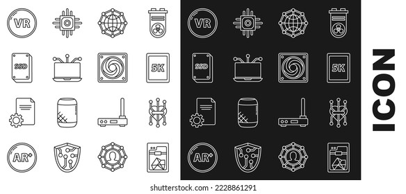 Set line 3D printer, Processor, Tablet with text 5k, Global technology social network, Laptop, SSD card, Virtual reality and Computer cooler icon. Vector