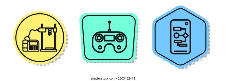 Set line 3D printer, Remote control and Algorithm. Colored shapes. Vector