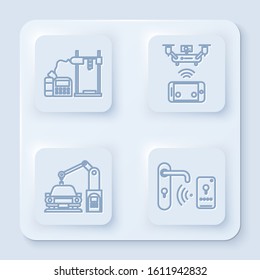 Set line 3D printer, Remote aerial drone, Industrial machine robotic robot arm hand and Digital door lock with wireless technology for unlock. White square button. Vector