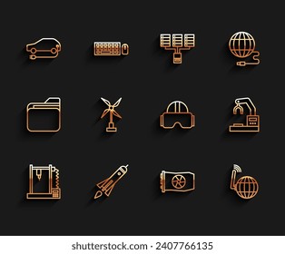 Set line 3D printer, Rocket ship with fire, Electric car, Video graphic card, Social network, Wind turbine, Robotic robot arm hand factory and Virtual reality glasses icon. Vector