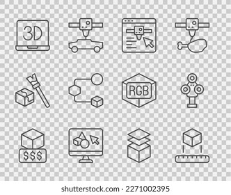 Set line 3D printer services, Isometric cube, setting, software, Layers and scanner icon. Vector