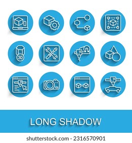 Set line 3D printer setting, Photo camera, perfect copy, car, Basic geometric shapes and  icon. Vector