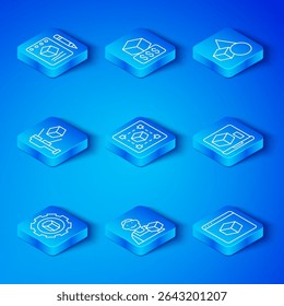 Set line 3D printer setting, Geometric figure Cube, Graphic designer, Basic geometric shapes, scanner with cube, Sketch on paper and  icon. Vector