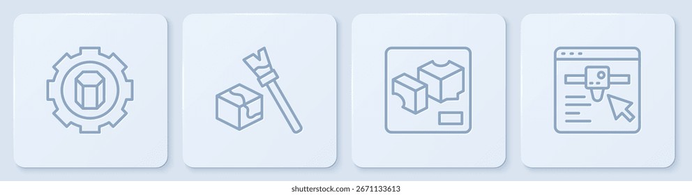 Set line 3D printer setting, , Isometric cube and . White square button. Vector