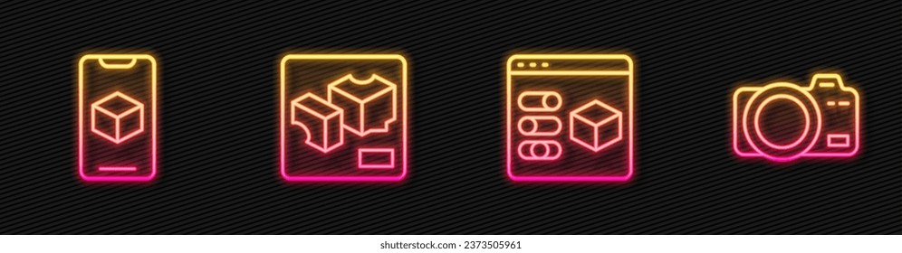 Set line 3D printer, software,  and Photo camera. Glowing neon icon. Vector