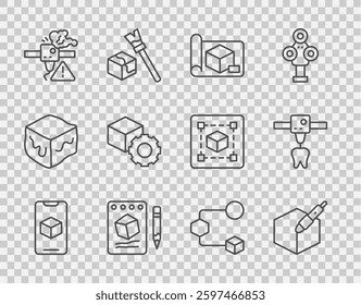 Set line 3D printer software, 3d pen tool, Graphing paper for engineering, Sketch on, warning, Isometric cube,  and tooth icon. Vector