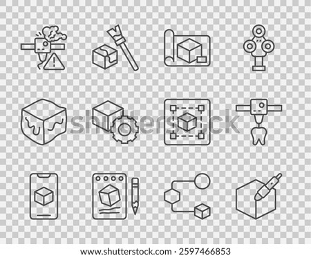 Set line 3D printer software, 3d pen tool, Graphing paper for engineering, Sketch on, warning, Isometric cube,  and tooth icon. Vector