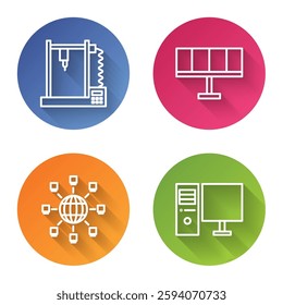 Set line 3D printer, Solar energy panel, Social network and Computer monitor. Color circle button. Vector