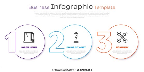 Ajuste la impresora 3D, la jeringa y el vuelo de drones. Plantilla de infografía empresarial. Vector