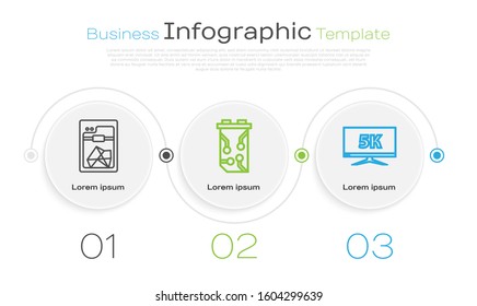 Set line 3D printer, Video graphic card and Monitor display with 5k video. Business infographic template. Vector