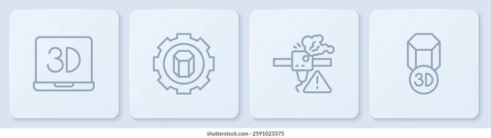 Set line 3D printer, warning, setting and . White square button. Vector