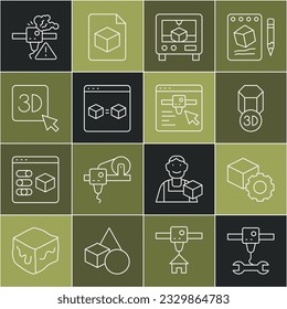 Set line 3D Drucker Schraubenschlüssel Spanner, Isometrischer Würfel, perfekte Kopie, Warnung und Einstellung Symbol. Vektorgrafik