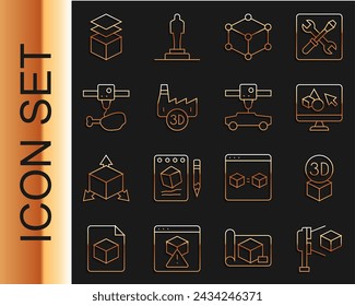Set line 3D scanner with cube, Isometric, printer software, Printing house industry, chicken leg, Layers and car icon. Vector
