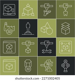 Set line 3D scanner, Geometric figure Cube, Layers, printer gun, model, Printing house industry,  and Basic geometric shapes icon. Vector