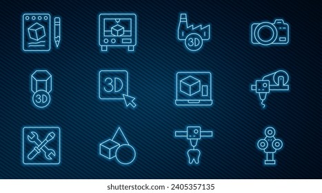 Set line 3D scanner, printer, Printing house industry, Sketch on paper,  and  icon. Vector