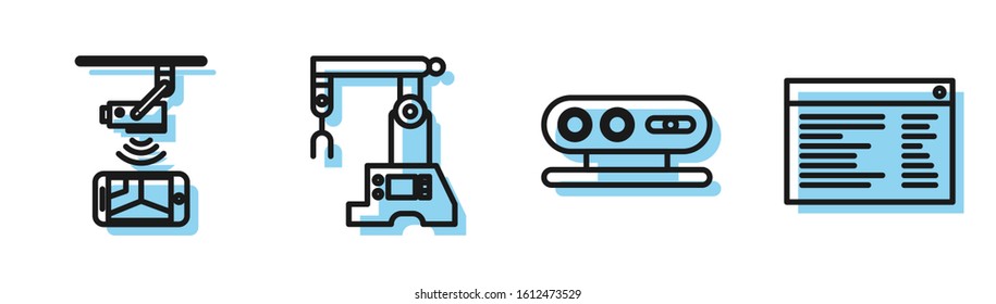 Set line 3d scanning system, Wireless Controlling CCTV security camera, Assembly line and Software, web developer programming code icon. Vector