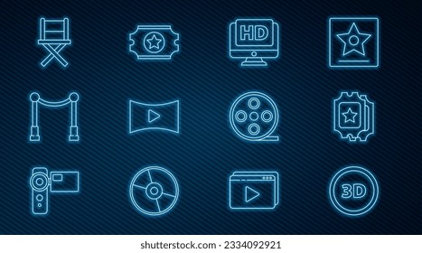 Fijar la línea 3D, el boleto de cine, el monitor con vídeo HD, el juego en línea, las barreras de alfombras, la silla de cine Director, el carrete de película y el icono. Vector